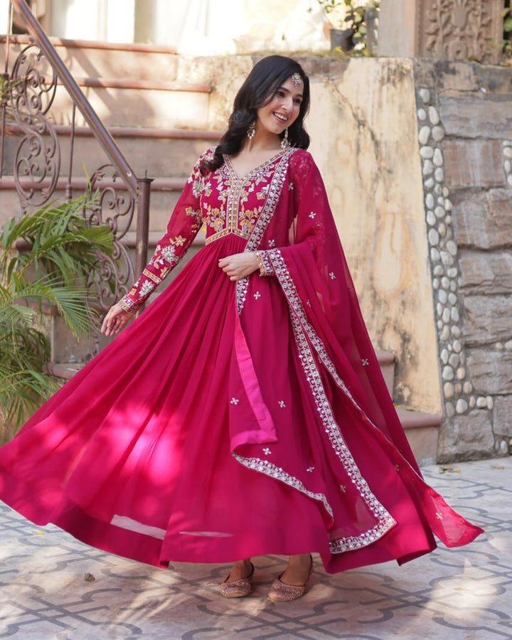 Rani Pink Color Faux Blooming Zari Embroidered Work Gown