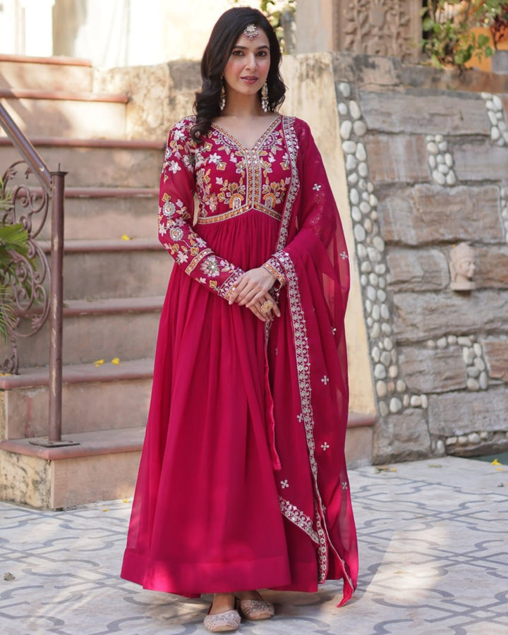 Rani Pink Color Faux Blooming Zari Embroidered Work Gown
