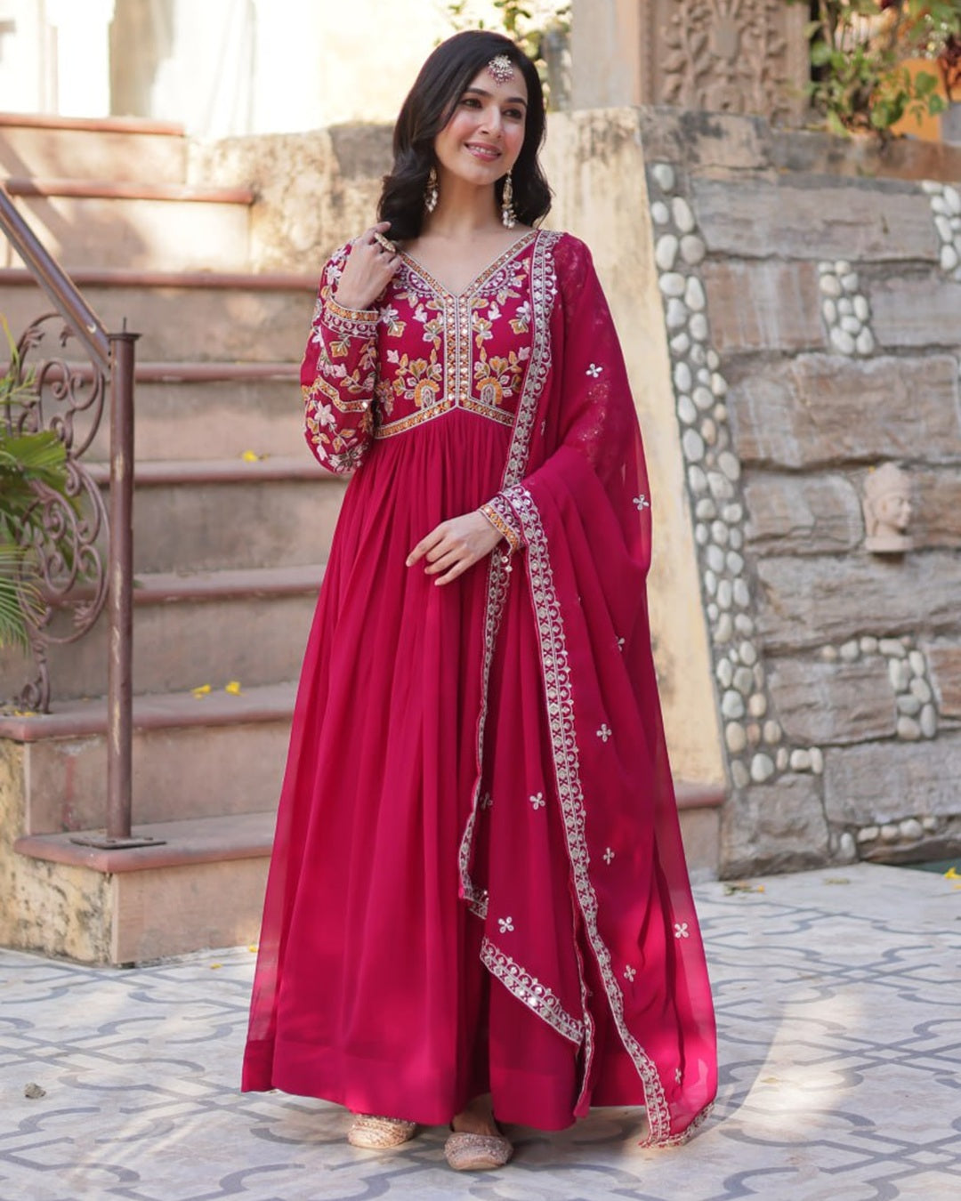Rani Pink Color Faux Blooming Zari Embroidered Work Gown