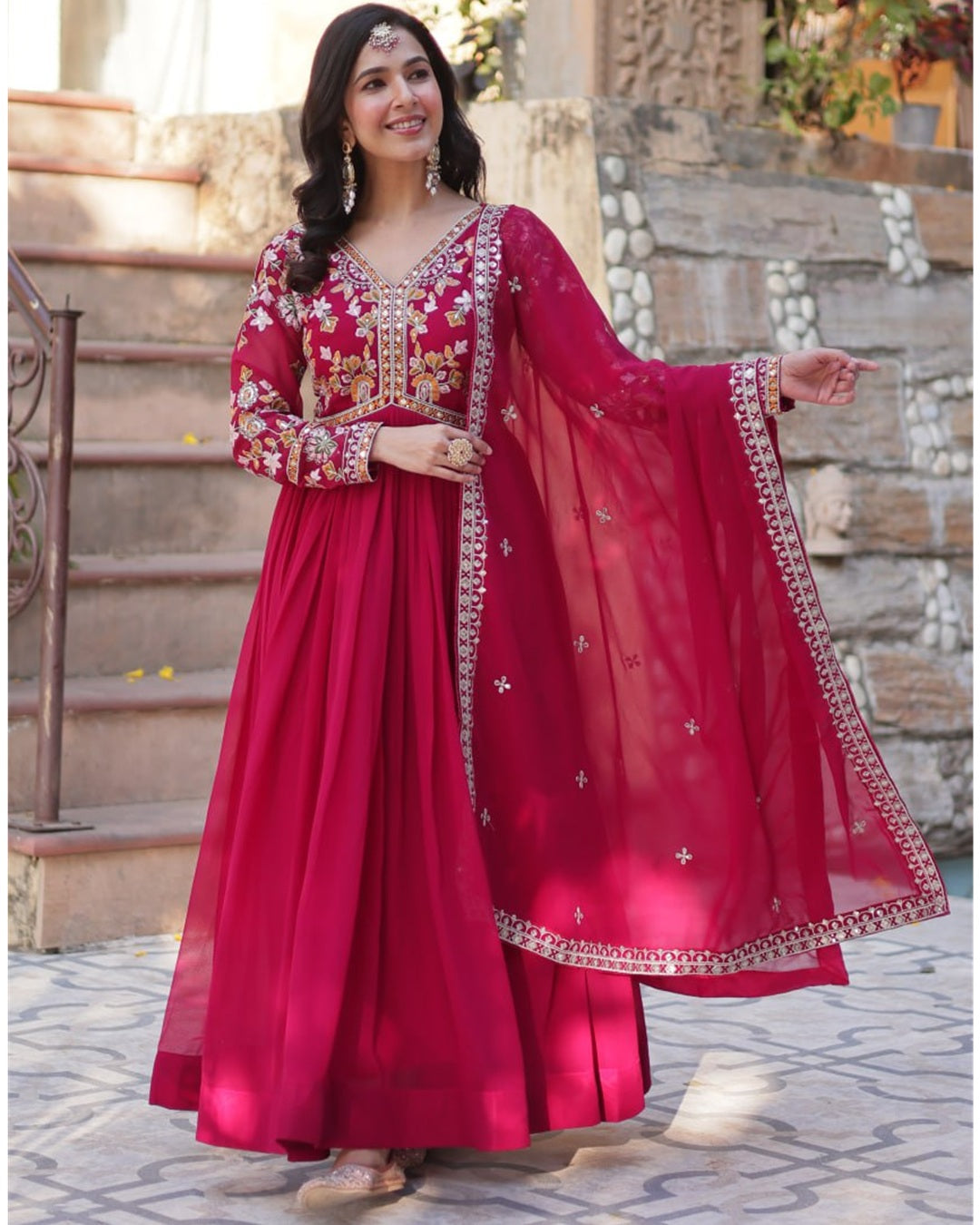 Rani Pink Color Faux Blooming Zari Embroidered Work Gown
