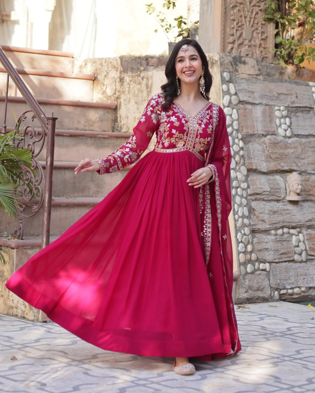 Rani Pink Color Faux Blooming Zari Embroidered Work Gown