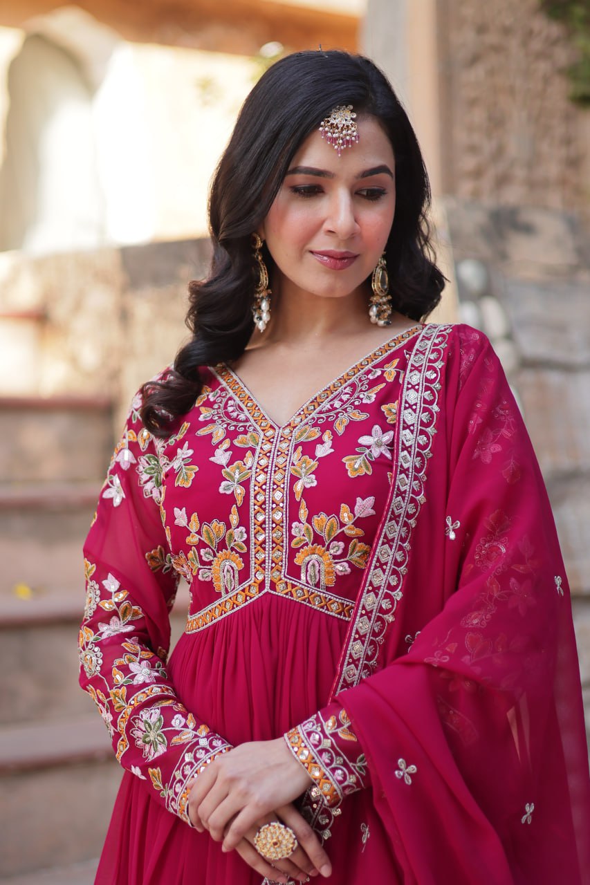 Rani Pink Color Faux Blooming Zari Embroidered Work Gown