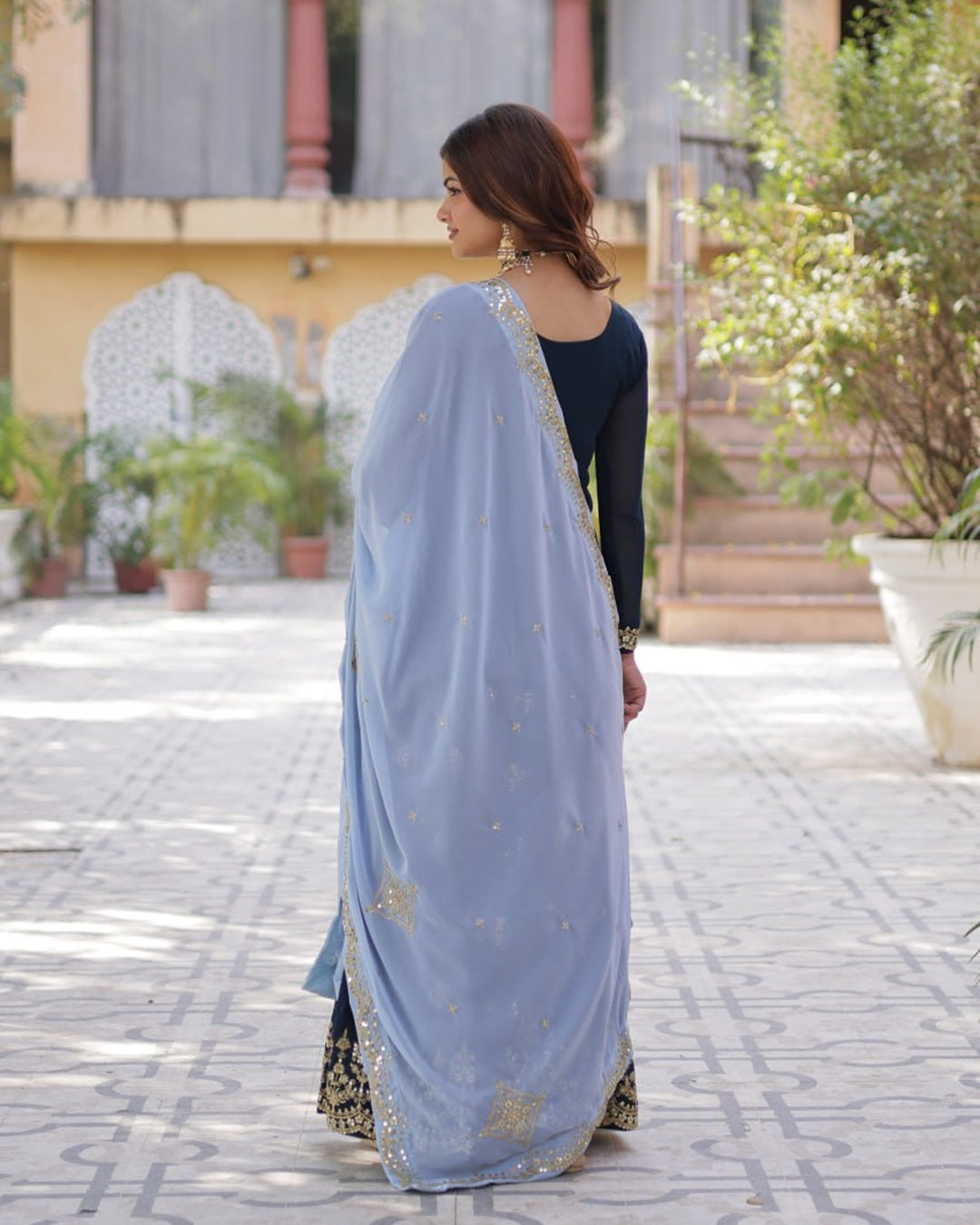 Rama Color Faux Blooming Embroidered Palazzo Suit