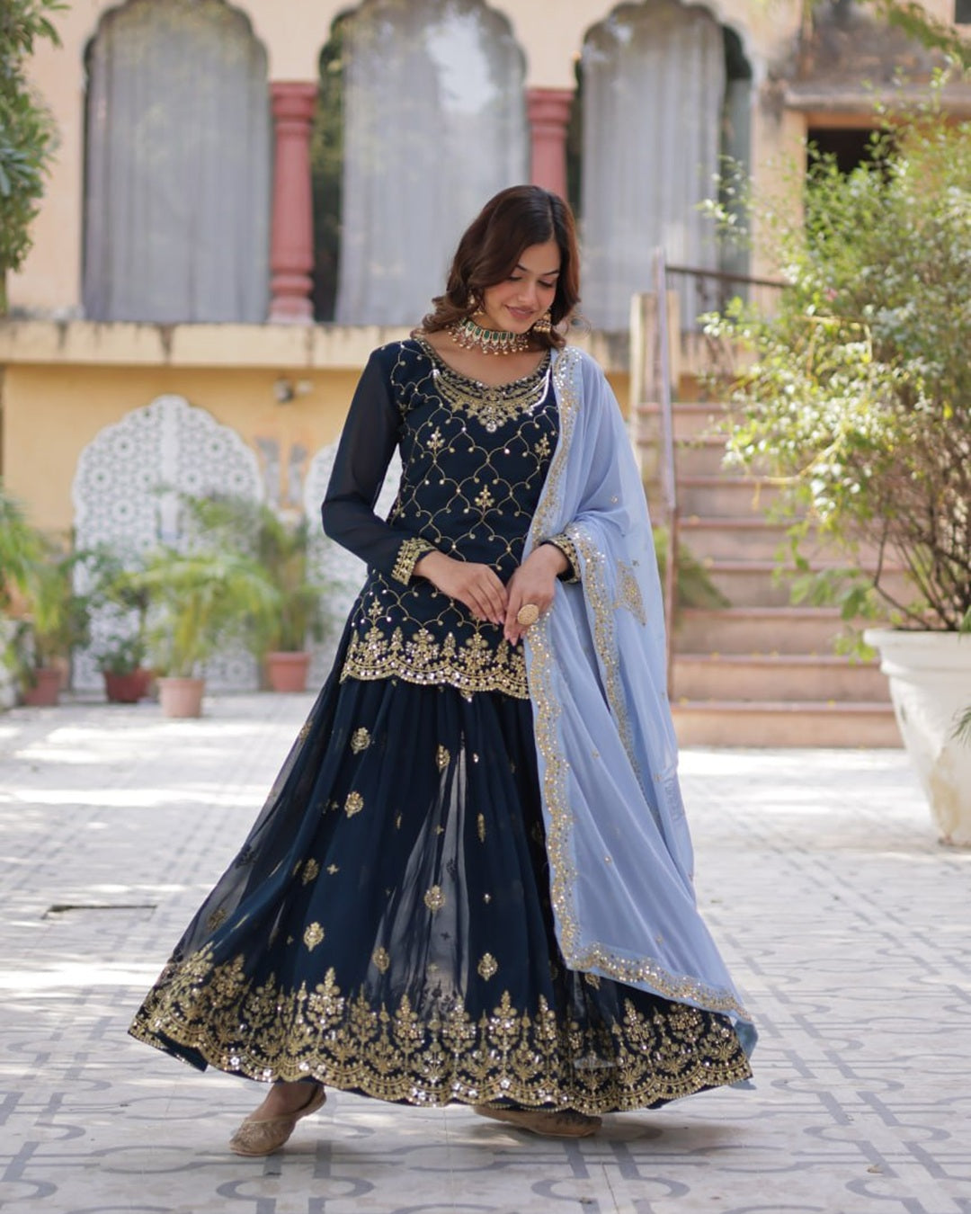 Rama Color Faux Blooming Embroidered Palazzo Suit