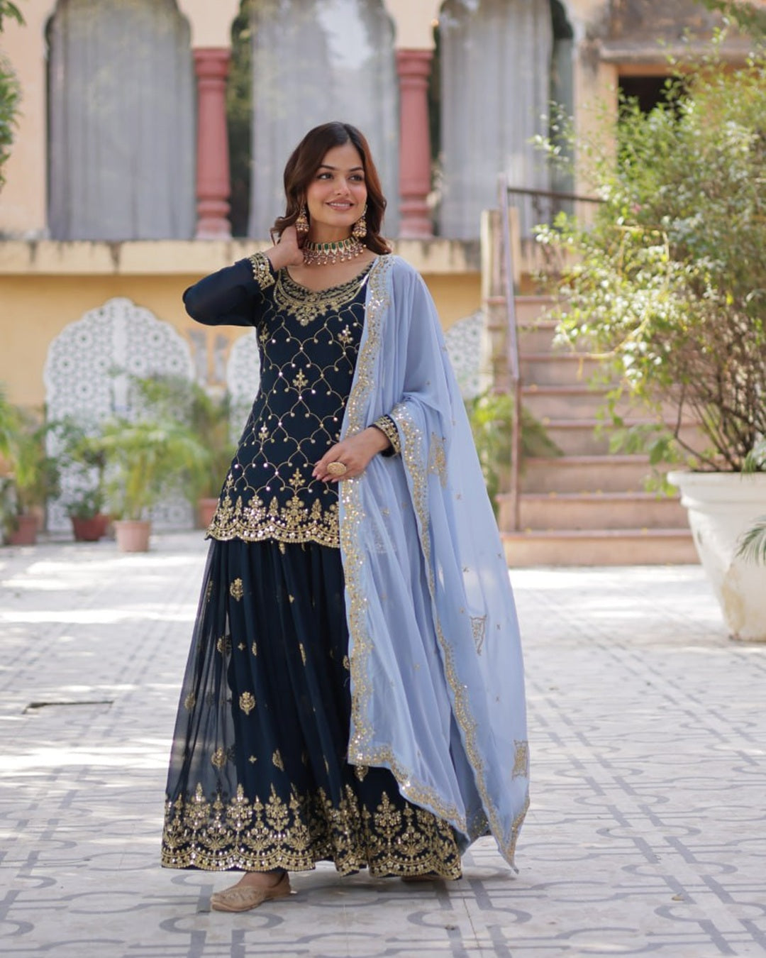 Rama Color Faux Blooming Embroidered Palazzo Suit
