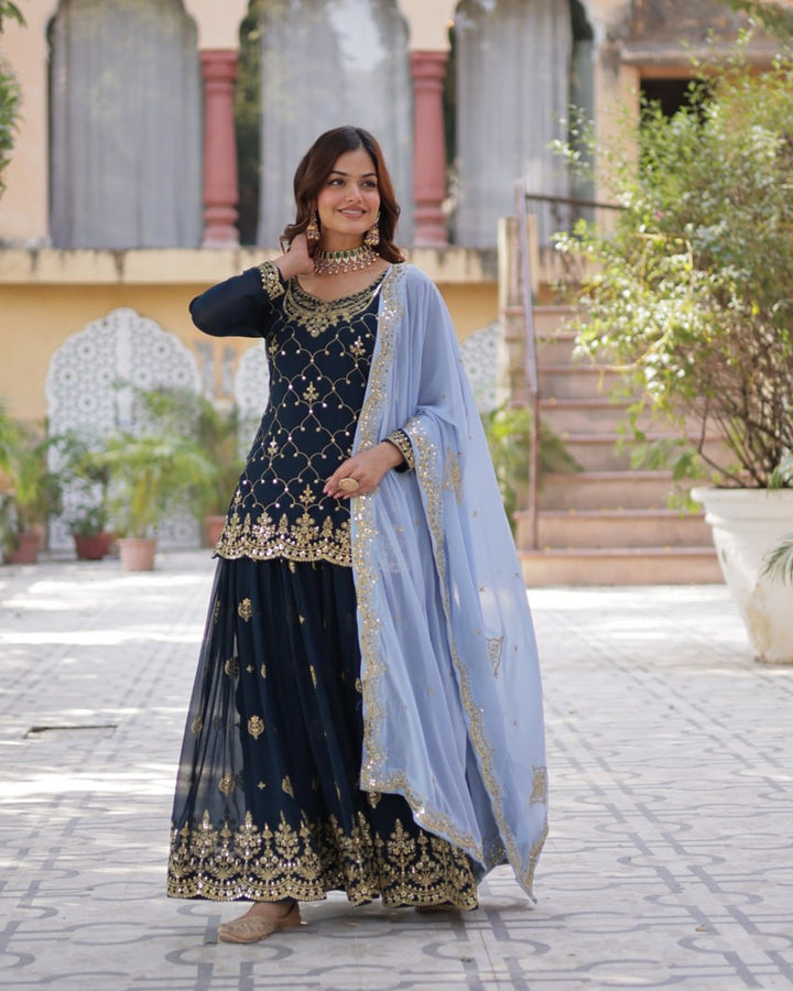 Rama Color Faux Blooming Embroidered Palazzo Suit