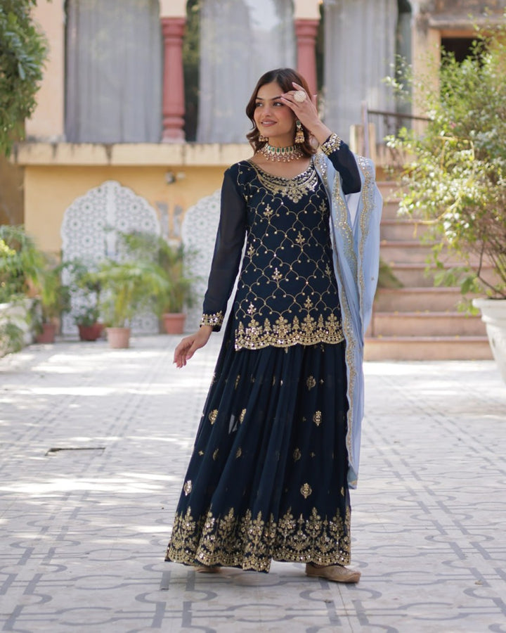 Rama Color Faux Blooming Embroidered Palazzo Suit