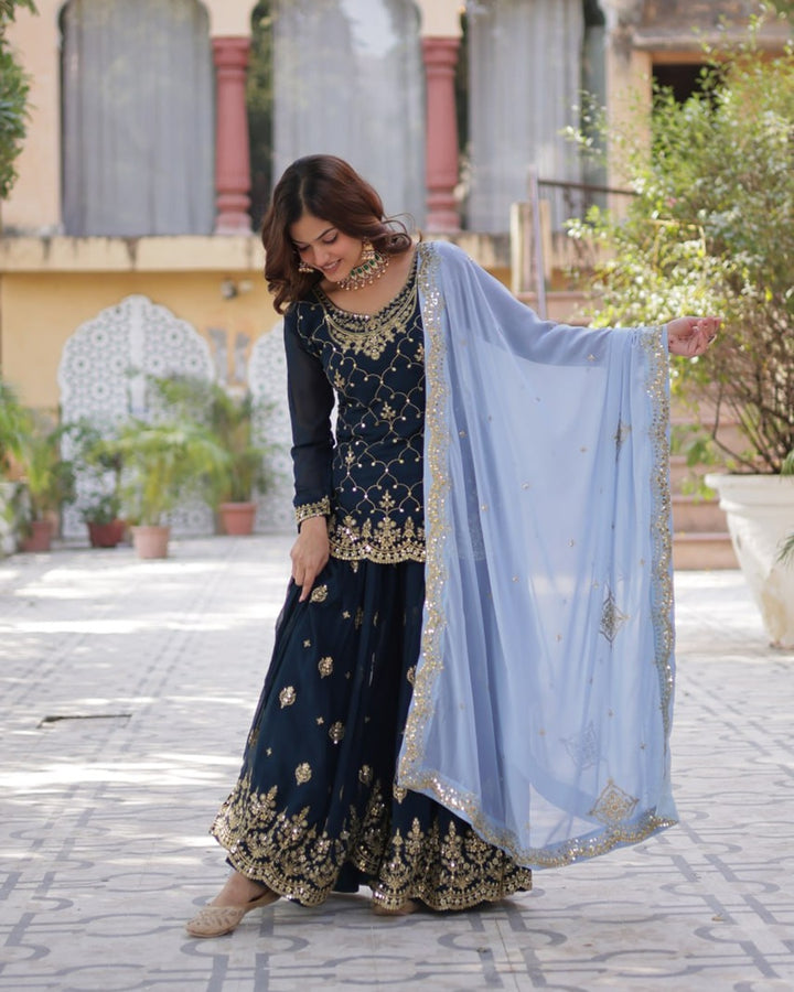 Rama Color Faux Blooming Embroidered Palazzo Suit