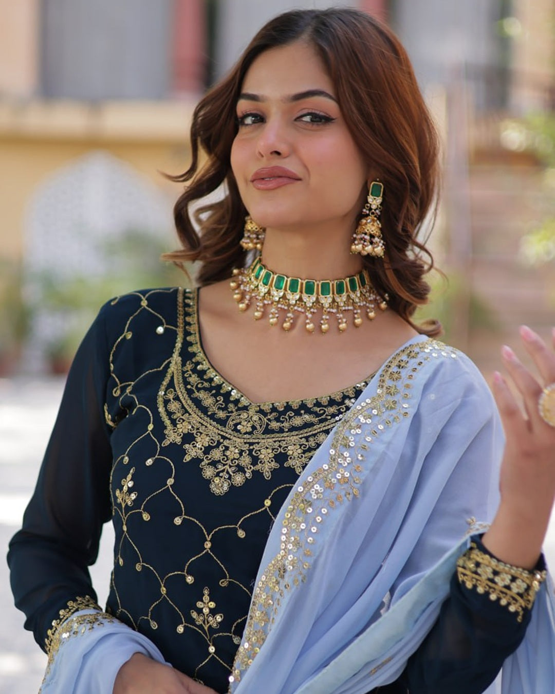 Rama Color Faux Blooming Embroidered Palazzo Suit