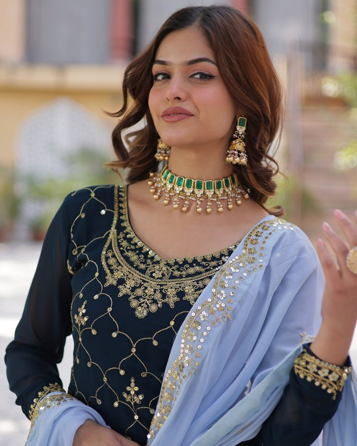 Rama Color Faux Blooming Embroidered Palazzo Suit