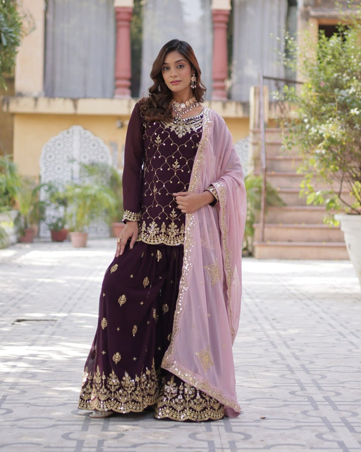Wine Color Faux Blooming Embroidered Plazzo Suit