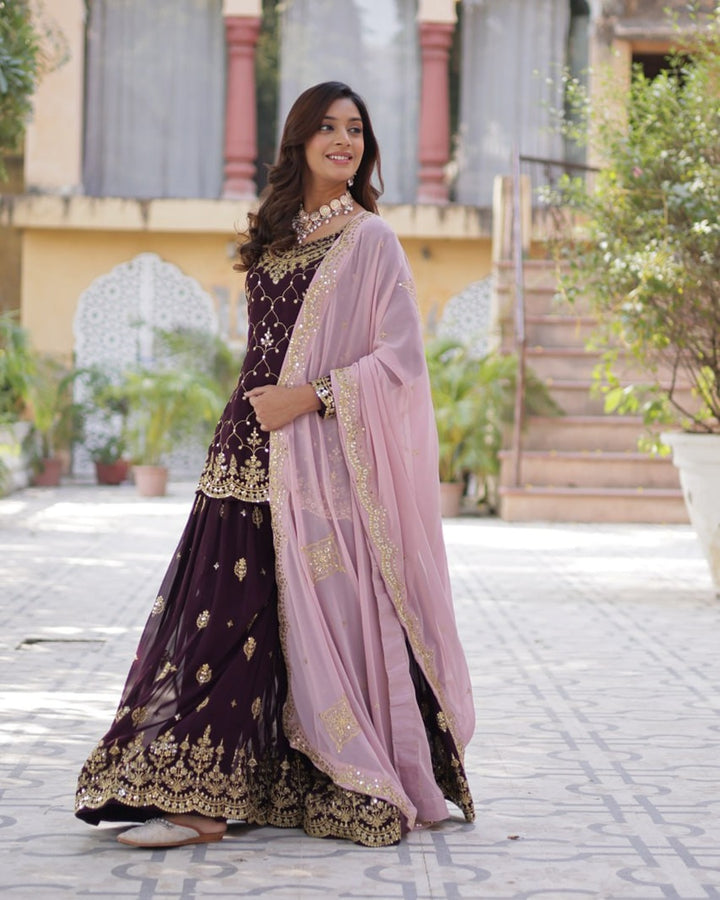 Wine Color Faux Blooming Embroidered Plazzo Suit