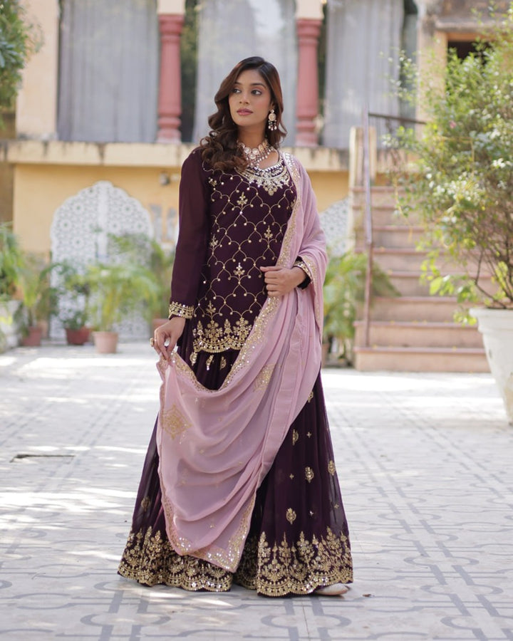 Wine Color Faux Blooming Embroidered Plazzo Suit