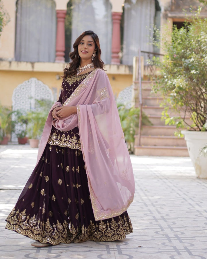 Wine Color Faux Blooming Embroidered Plazzo Suit