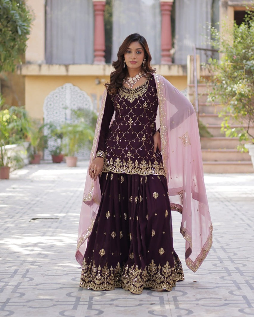 Wine Color Faux Blooming Embroidered Plazzo Suit