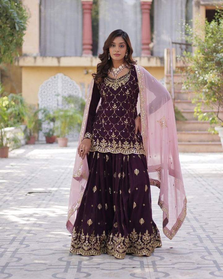 Wine Color Faux Blooming Embroidered Plazzo Suit
