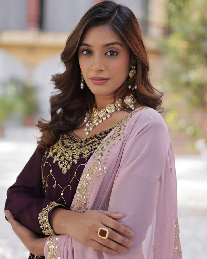 Wine Color Faux Blooming Embroidered Plazzo Suit