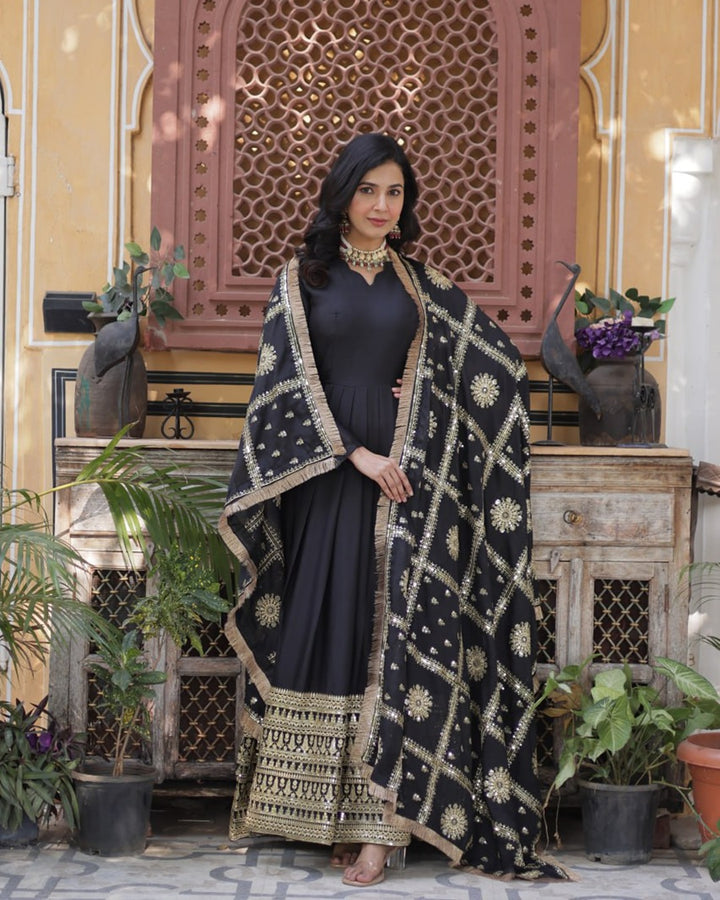 Black Color Star Georgette Sequence Embroidered Gown