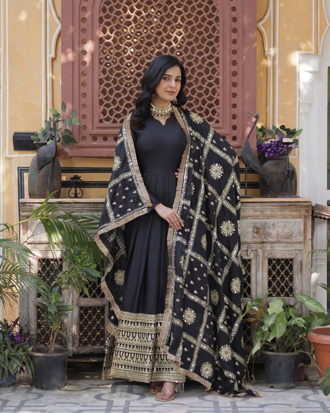 Black Color Star Georgette Sequence Embroidered Gown