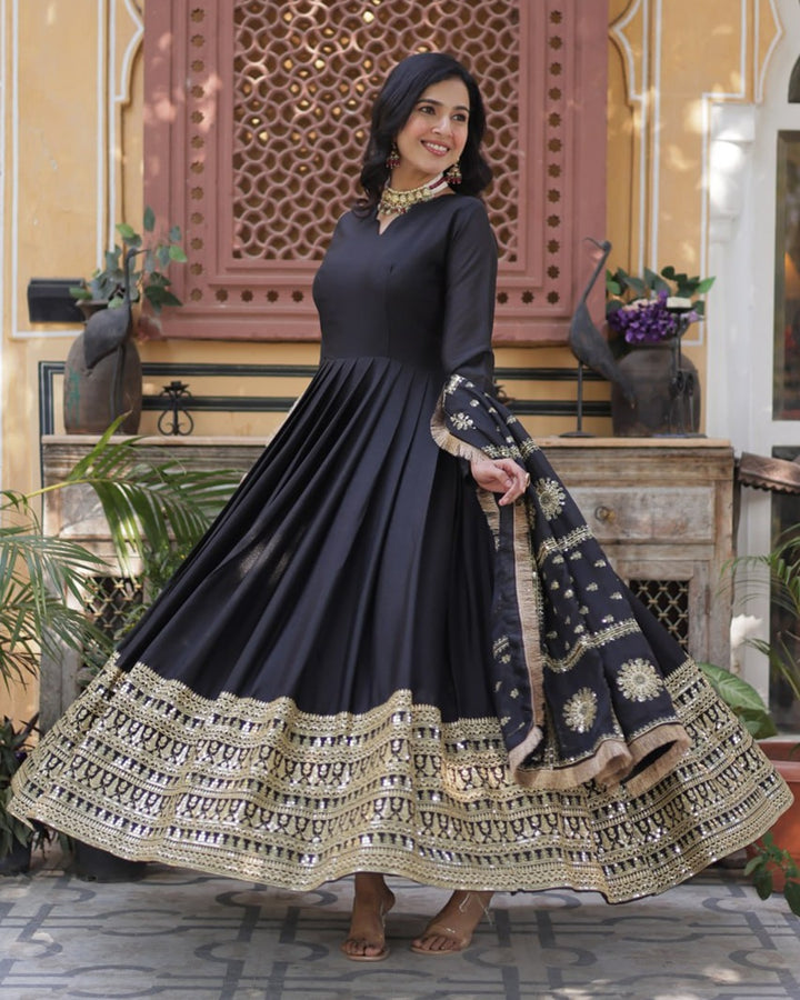 Black Color Star Georgette Sequence Embroidered Gown