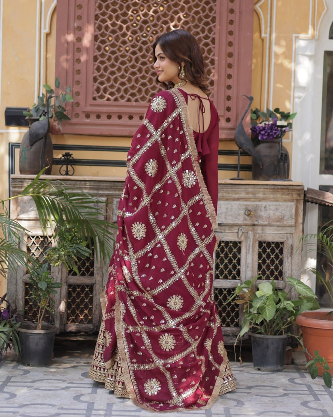 Maroon Color Star Georgette Sequence Embroidered Gown