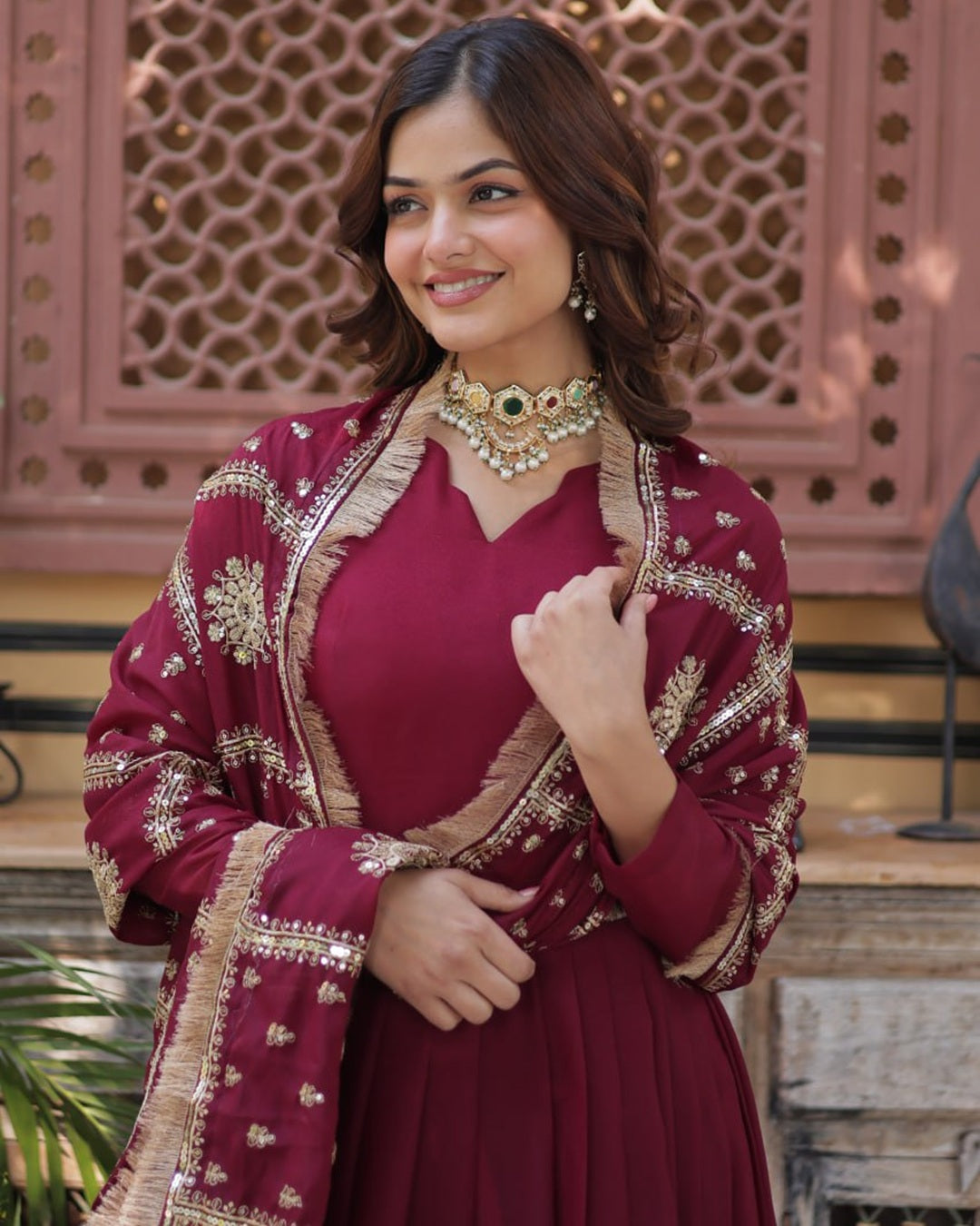Maroon Color Star Georgette Sequence Embroidered Gown