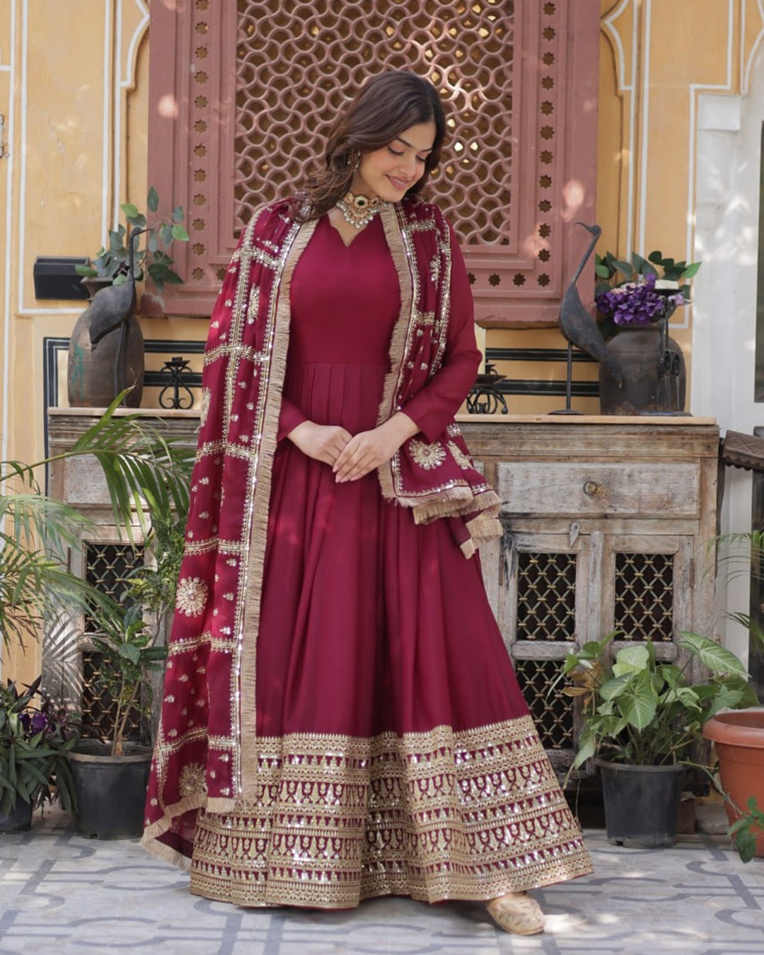 Maroon Color Star Georgette Sequence Embroidered Gown