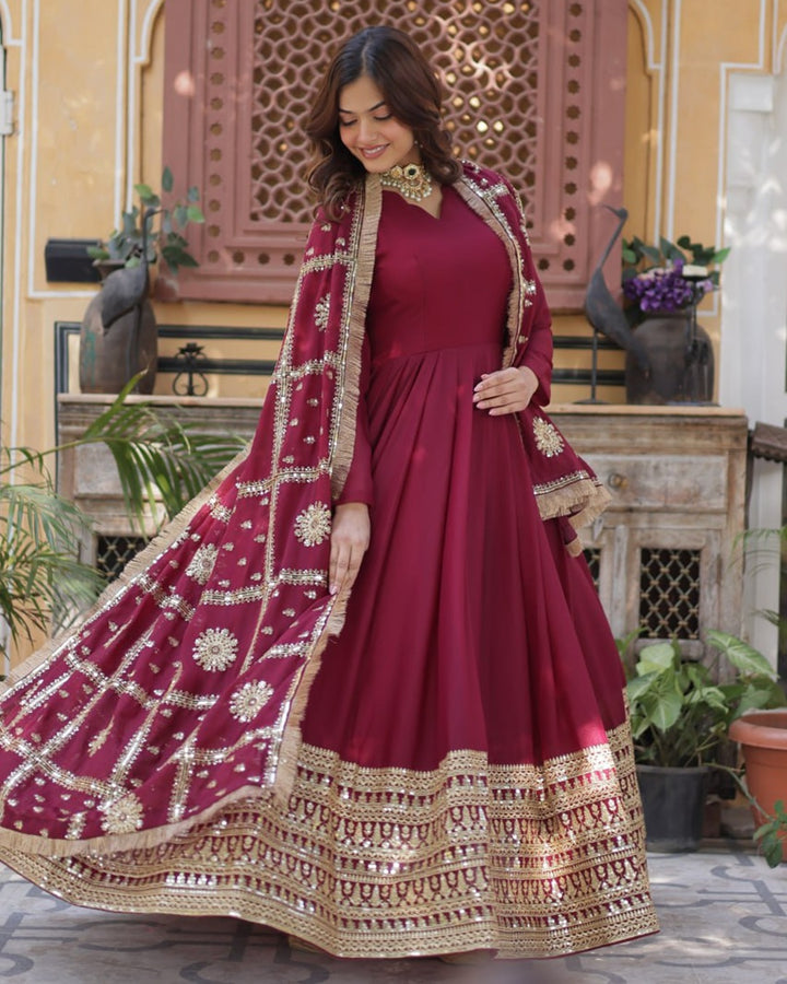 Maroon Color Star Georgette Sequence Embroidered Gown