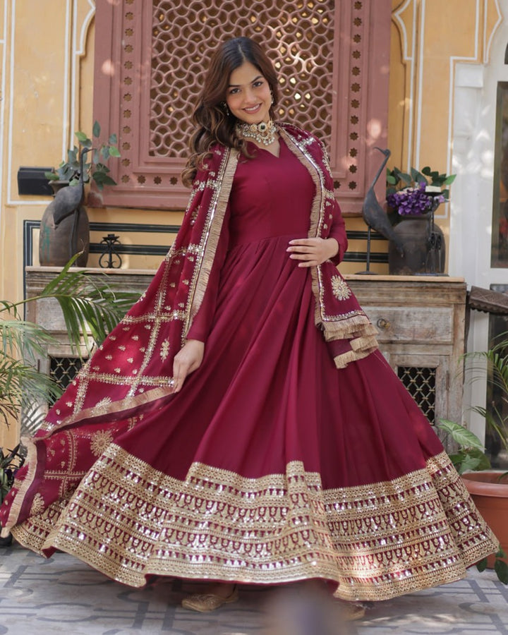 Maroon Color Star Georgette Sequence Embroidered Gown