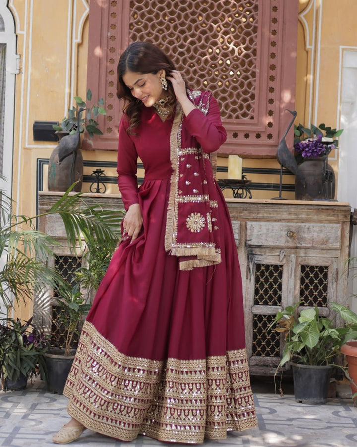 Maroon Color Star Georgette Sequence Embroidered Gown