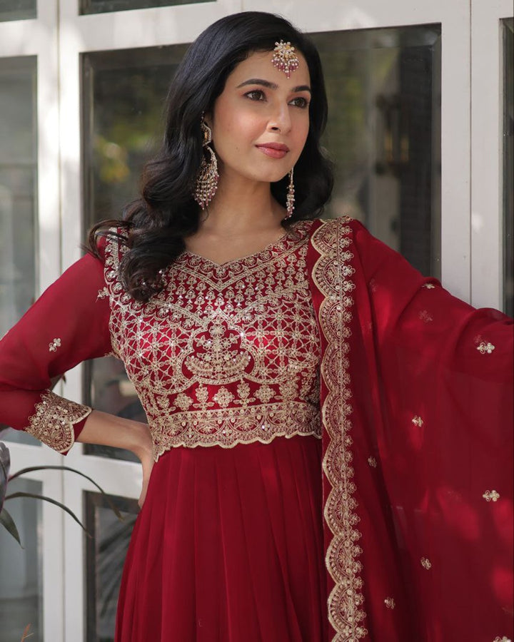 Ruby Red Color Faux Blooming Embroidered Gown