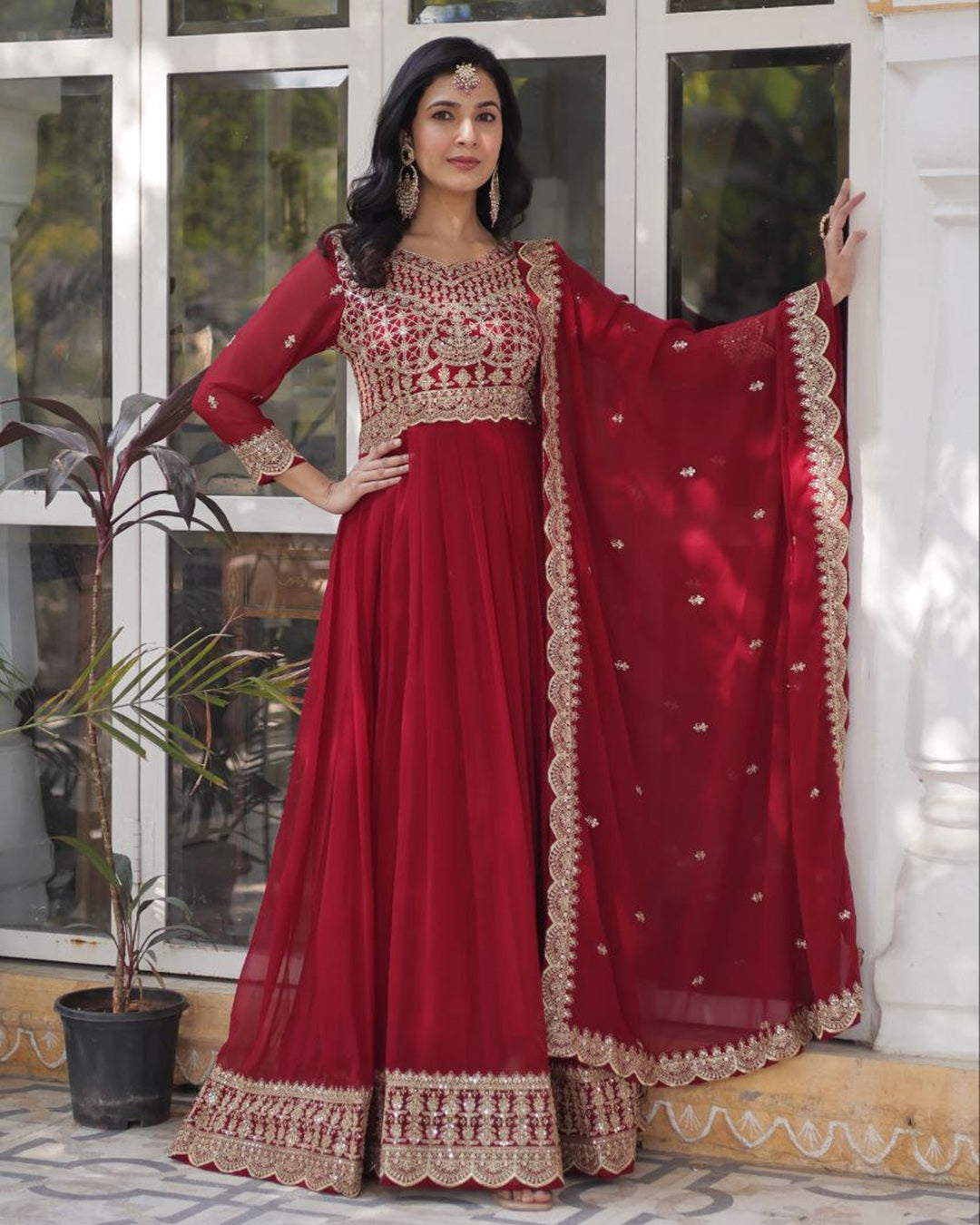 Ruby Red Color Faux Blooming Embroidered Gown