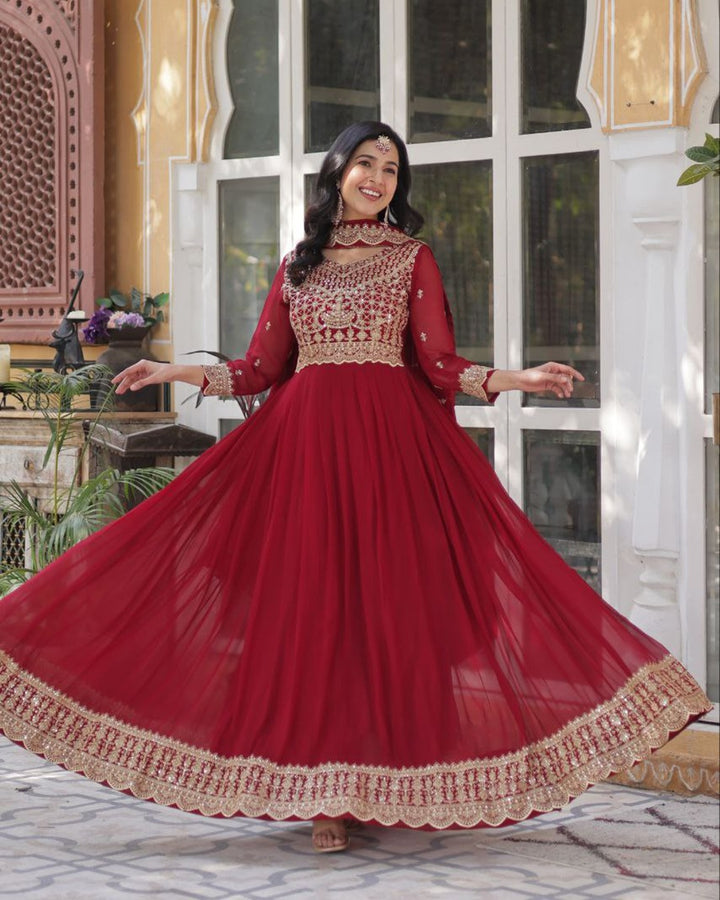 Ruby Red Color Faux Blooming Embroidered Gown