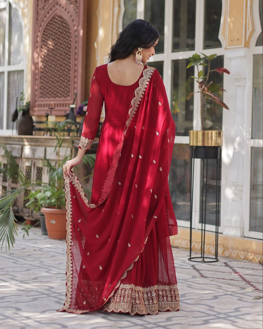 Ruby Red Color Faux Blooming Embroidered Gown