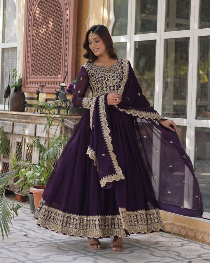 Violet Color Faux Blooming Embroidered Gown