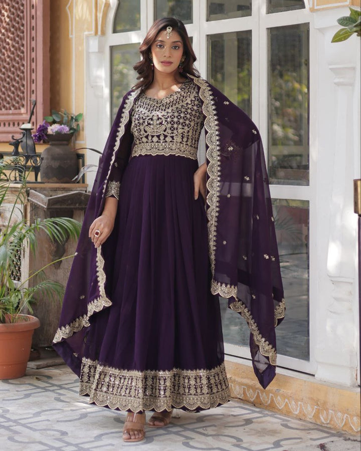 Violet Color Faux Blooming Embroidered Gown