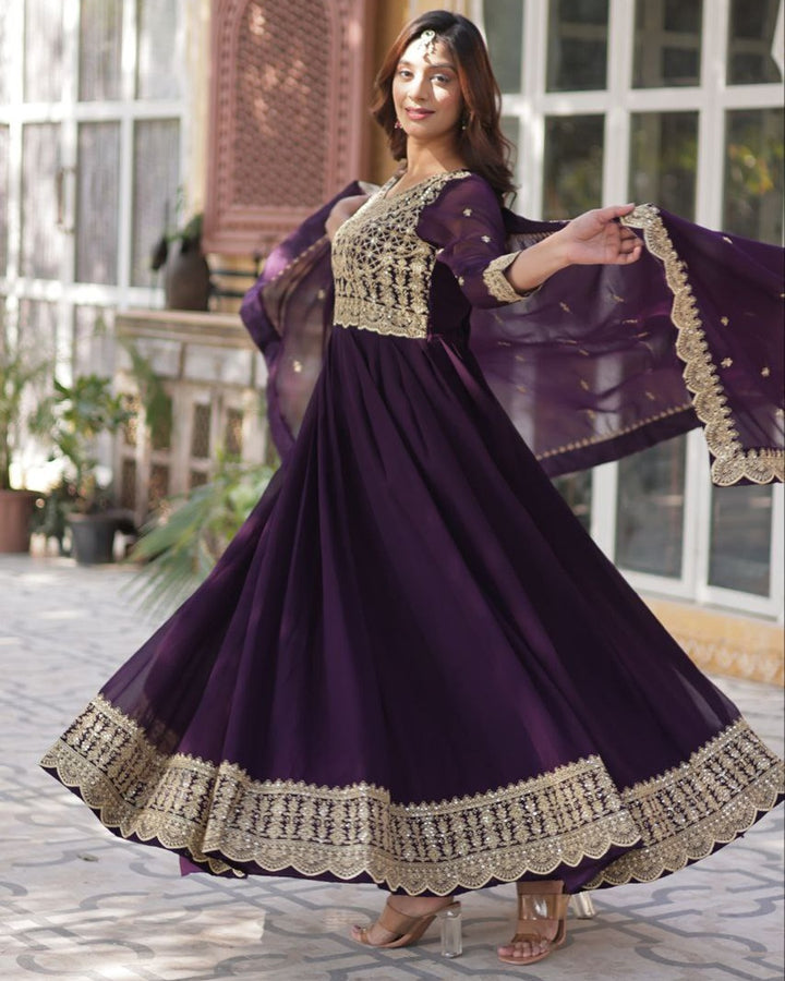 Violet Color Faux Blooming Embroidered Gown