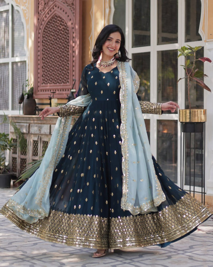 Viking Blue Color Faux Blooming Zari Embroidered Work Gown