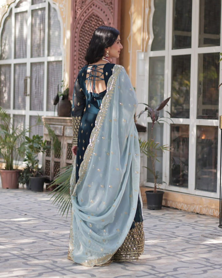Viking Blue Color Faux Blooming Zari Embroidered Work Gown