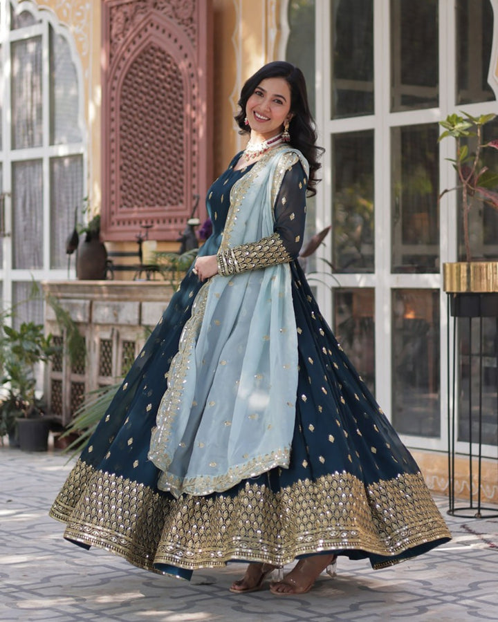 Viking Blue Color Faux Blooming Zari Embroidered Work Gown