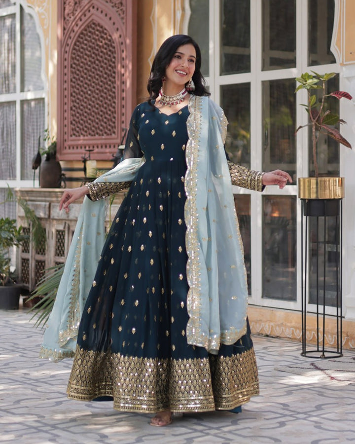 Viking Blue Color Faux Blooming Zari Embroidered Work Gown