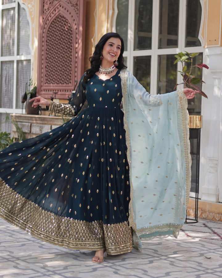 Viking Blue Color Faux Blooming Zari Embroidered Work Gown
