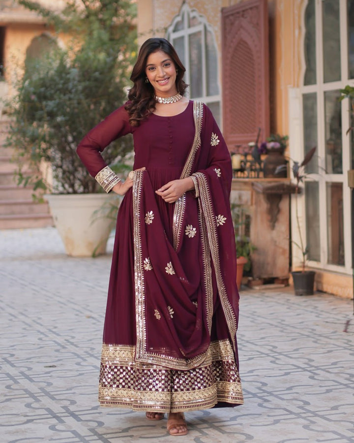 Royal Maroon Color Faux Blooming Zari Embroidered Work Gown
