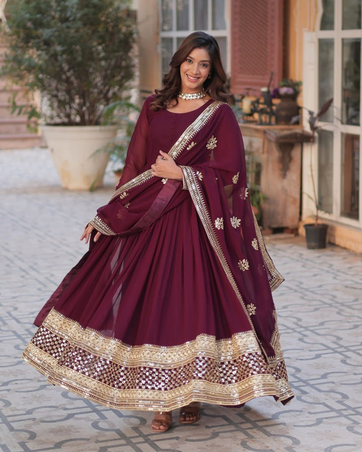 Royal Maroon Color Faux Blooming Zari Embroidered Work Gown