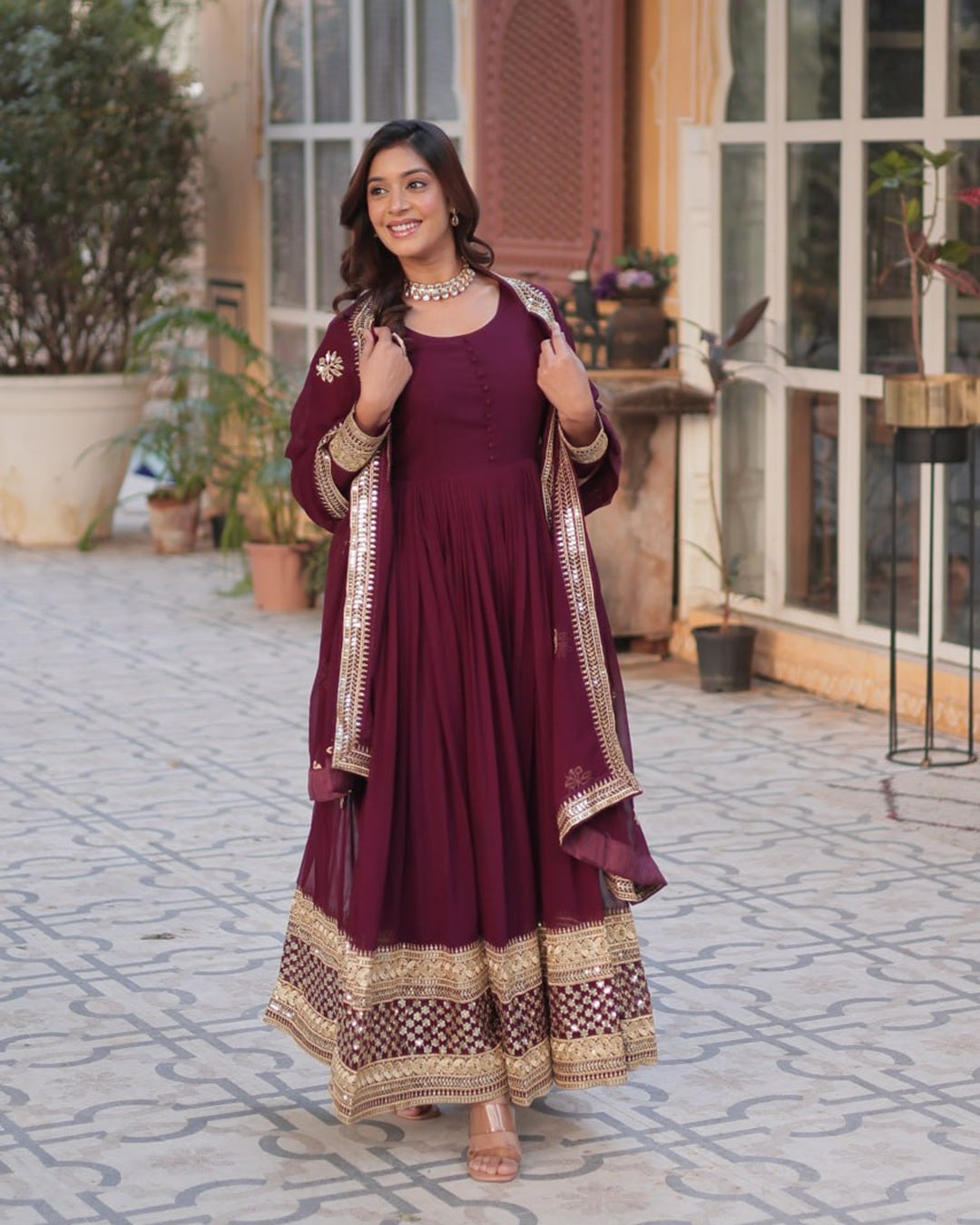 Royal Maroon Color Faux Blooming Zari Embroidered Work Gown