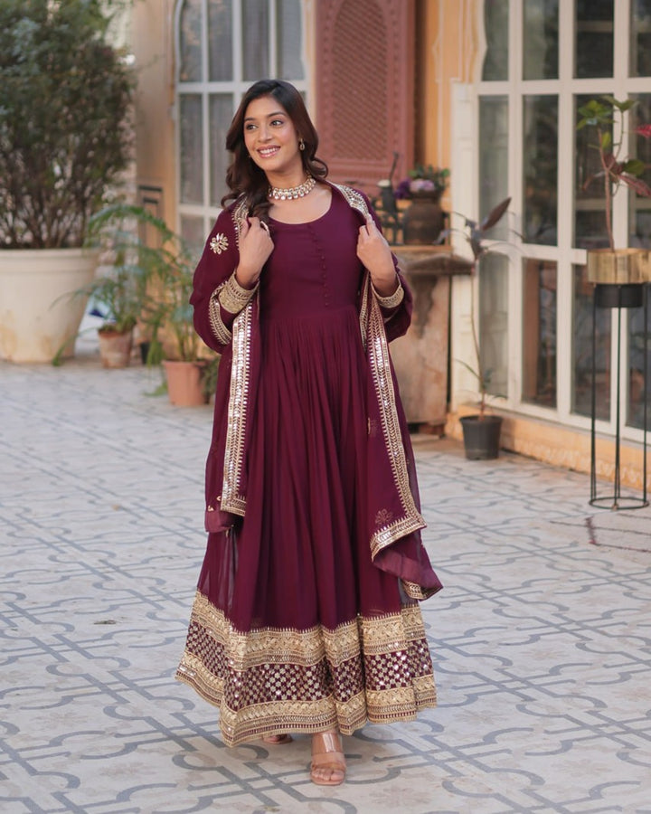 Royal Maroon Color Faux Blooming Zari Embroidered Work Gown