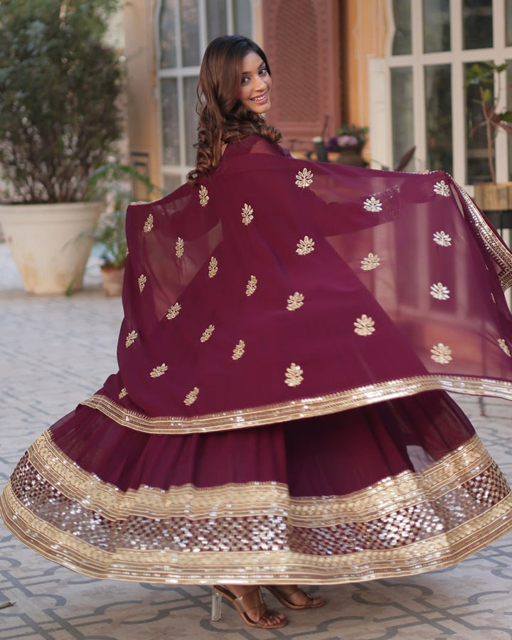 Royal Maroon Color Faux Blooming Zari Embroidered Work Gown