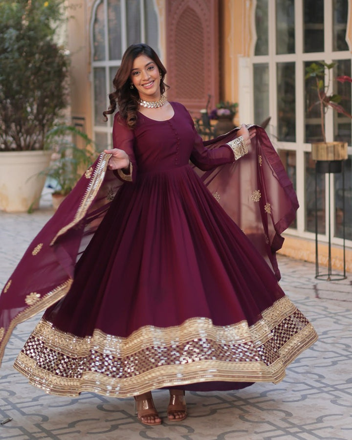 Royal Maroon Color Faux Blooming Zari Embroidered Work Gown