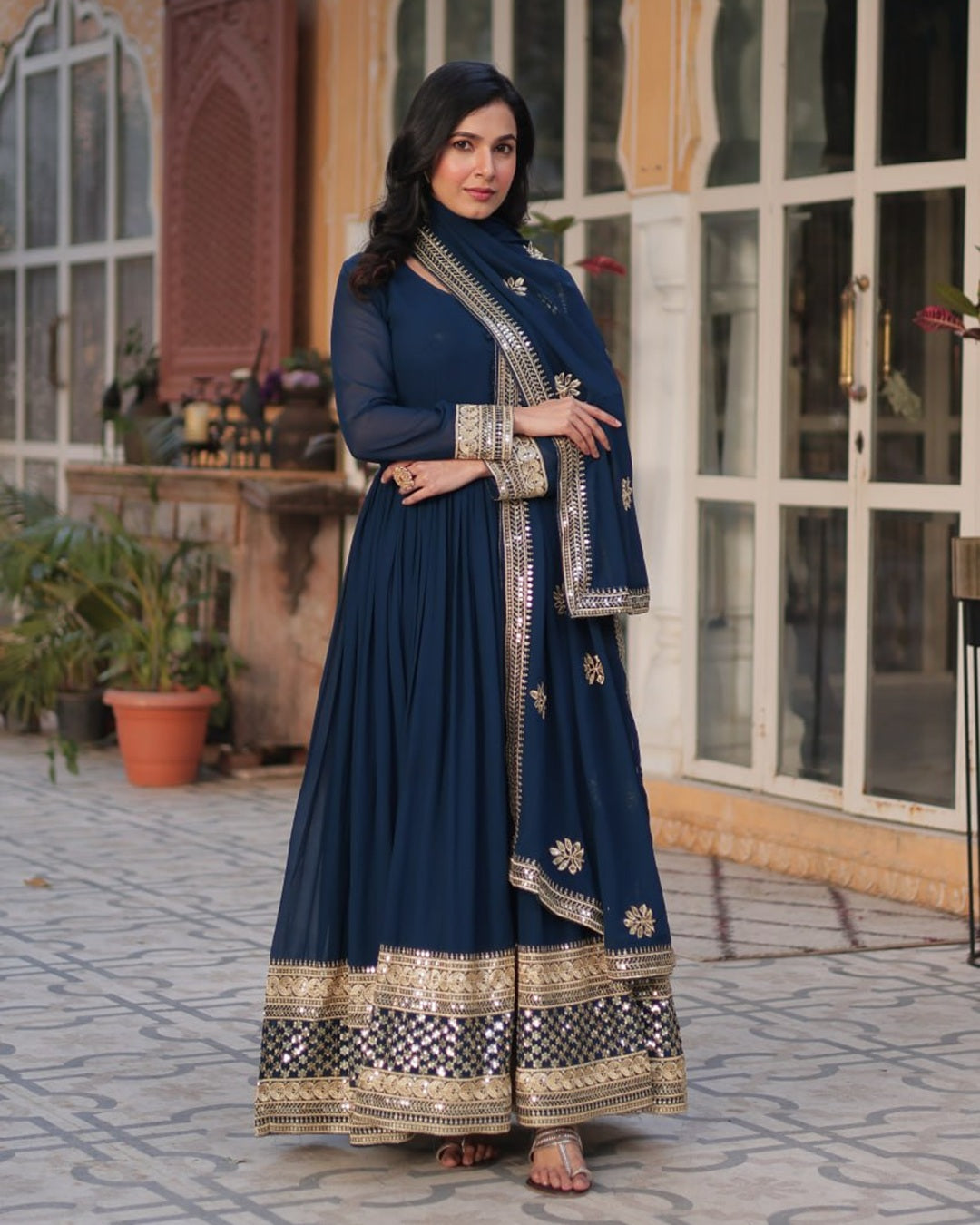 Rama Color Faux Blooming Zari Embroidered Work Gown
