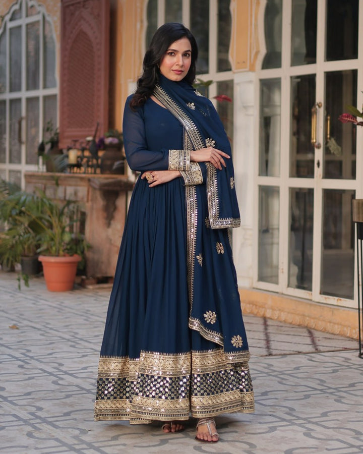 Rama Color Faux Blooming Zari Embroidered Work Gown